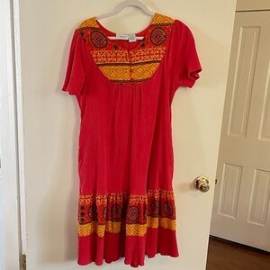 National cotton Red and Yellow Patterned Midi housedress with pockets